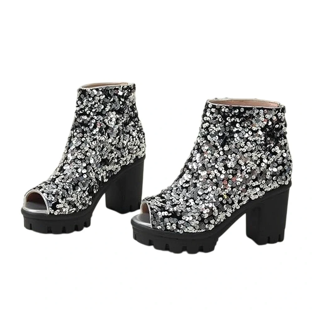 Silver Sequin Peep Toe Fairy Grunge Whimsigoth Sparkle Platform Lug Sole Boots 9